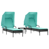 Sun Loungers 2 pcs with Canopies and Table Black Poly Rattan