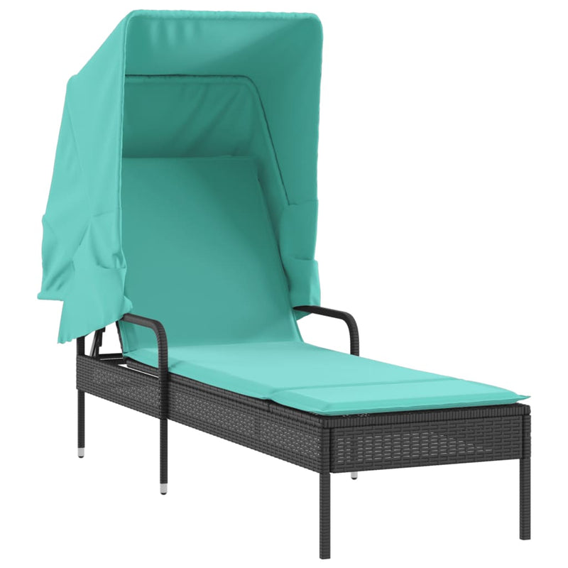 Sun Loungers 2 pcs with Canopies and Table Black Poly Rattan