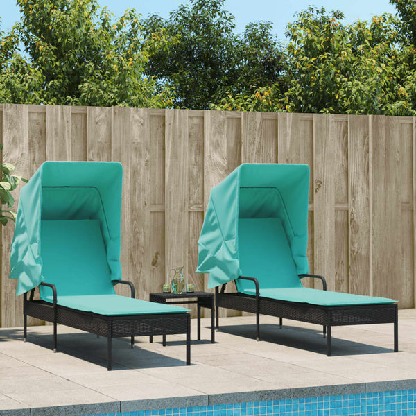 Sun Loungers 2 pcs with Canopies and Table Black Poly Rattan