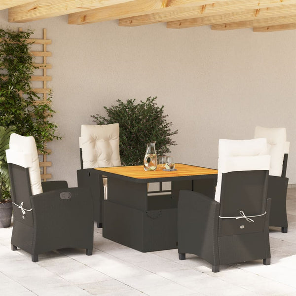 5 Piece Patio Dining Set with Cushions Black Poly Rattan