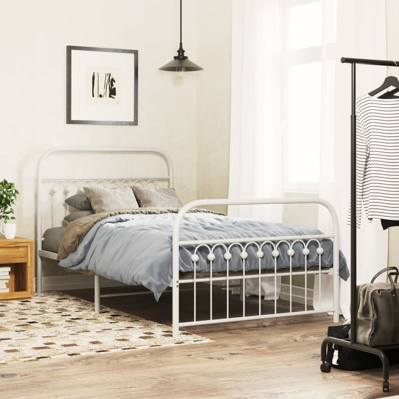 Metal Bed Frame with Headboard and Footboard White 39.4"x78.7"