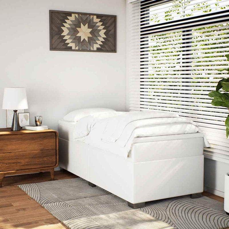 Box Spring Bed with Mattress White Twin Faux Leather