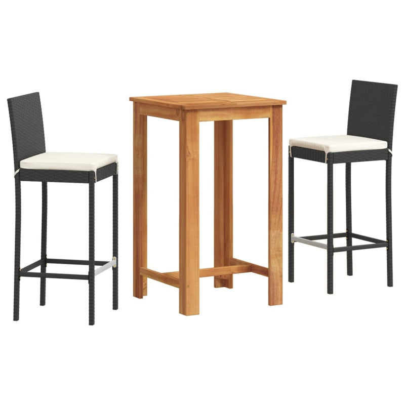 3 Piece Patio Bar Set Black Solid Wood Acacia and Poly Rattan