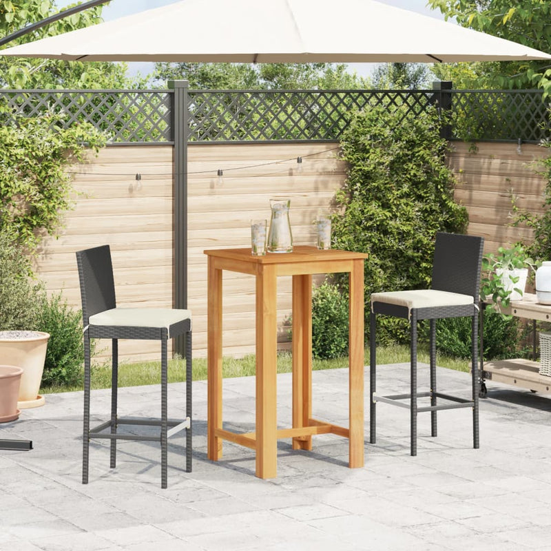 3 Piece Patio Bar Set Black Solid Wood Acacia and Poly Rattan