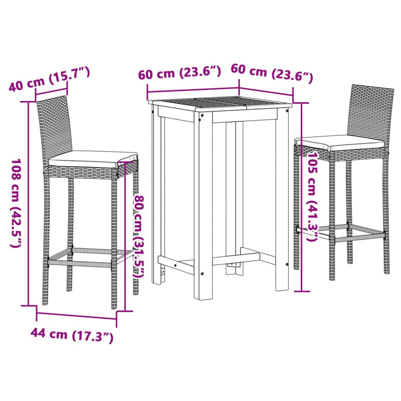 3 Piece Patio Bar Set Black Solid Wood Acacia and Poly Rattan