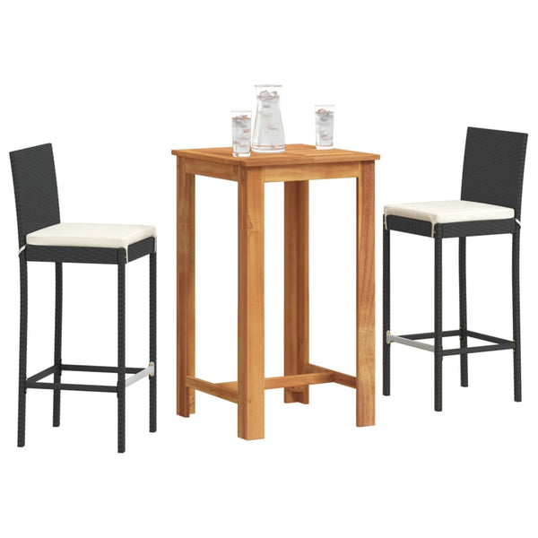 3 Piece Patio Bar Set Black Solid Wood Acacia and Poly Rattan