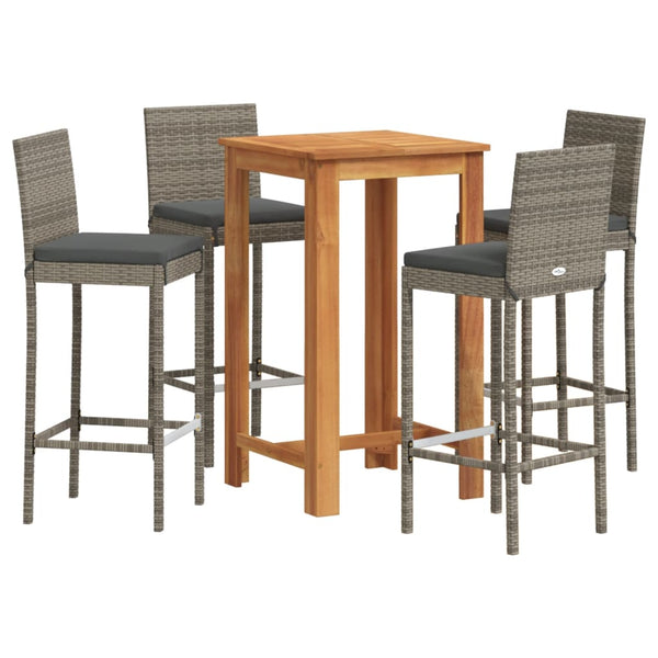 5 Piece Patio Bar Set Gray Solid Wood Acacia and Poly Rattan