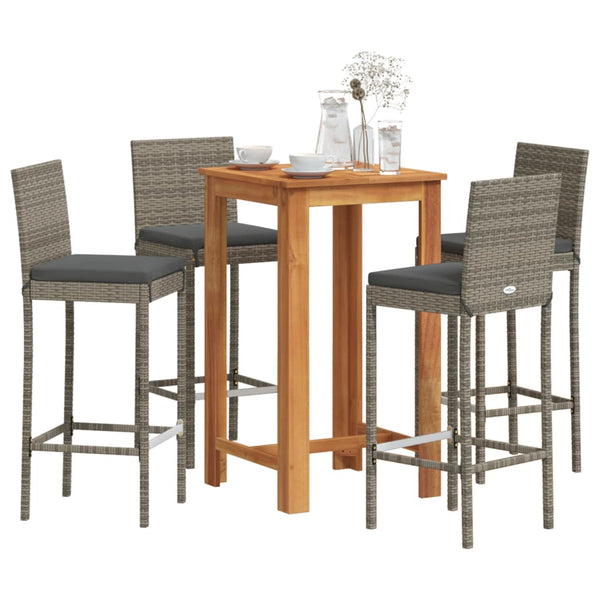 5 Piece Patio Bar Set Gray Solid Wood Acacia and Poly Rattan