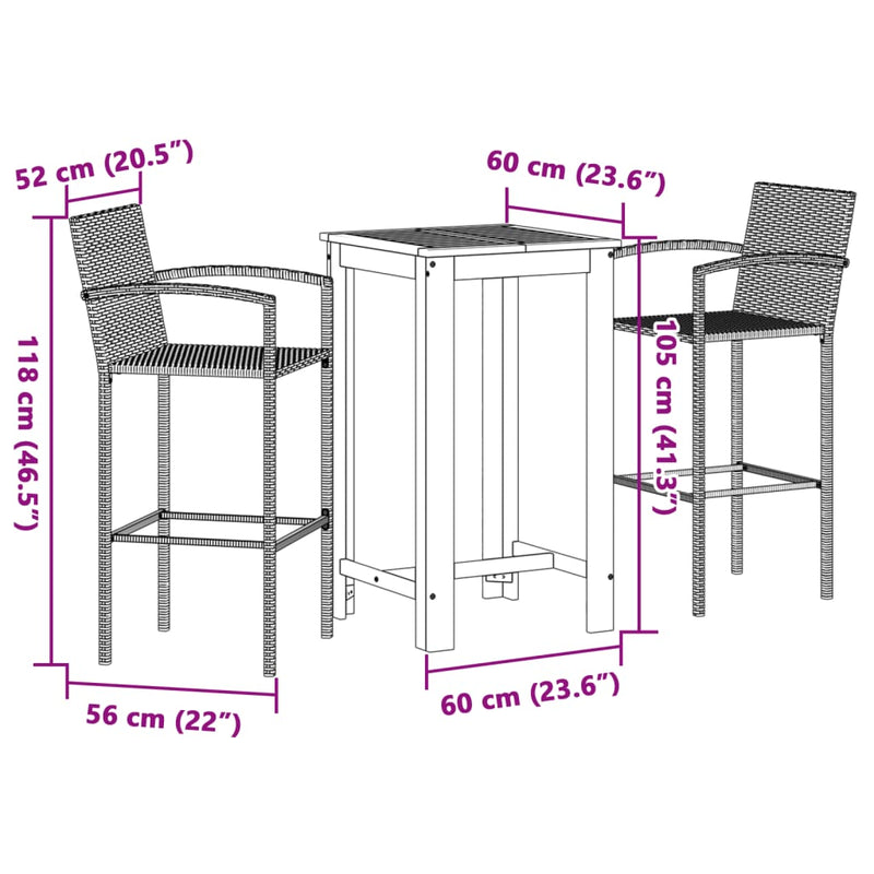 3 Piece Patio Bar Set Brown Solid Wood Acacia and Poly Rattan