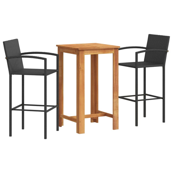 3 Piece Patio Bar Set Black Solid Wood Acacia and Poly Rattan