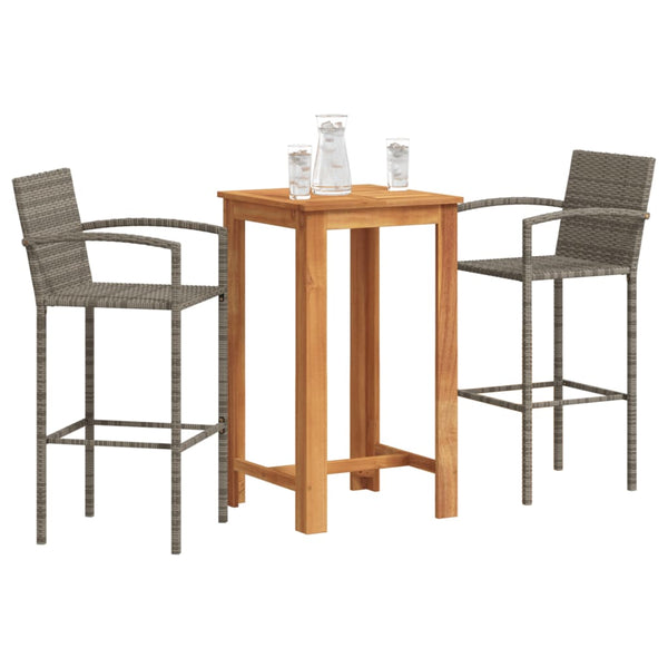 3 Piece Patio Bar Set Gray Solid Wood Acacia and Poly Rattan