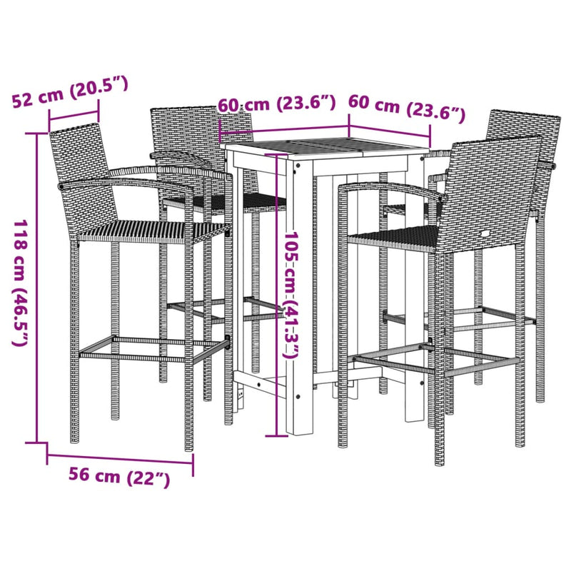 5 Piece Patio Bar Set Brown Solid Wood Acacia and Poly Rattan