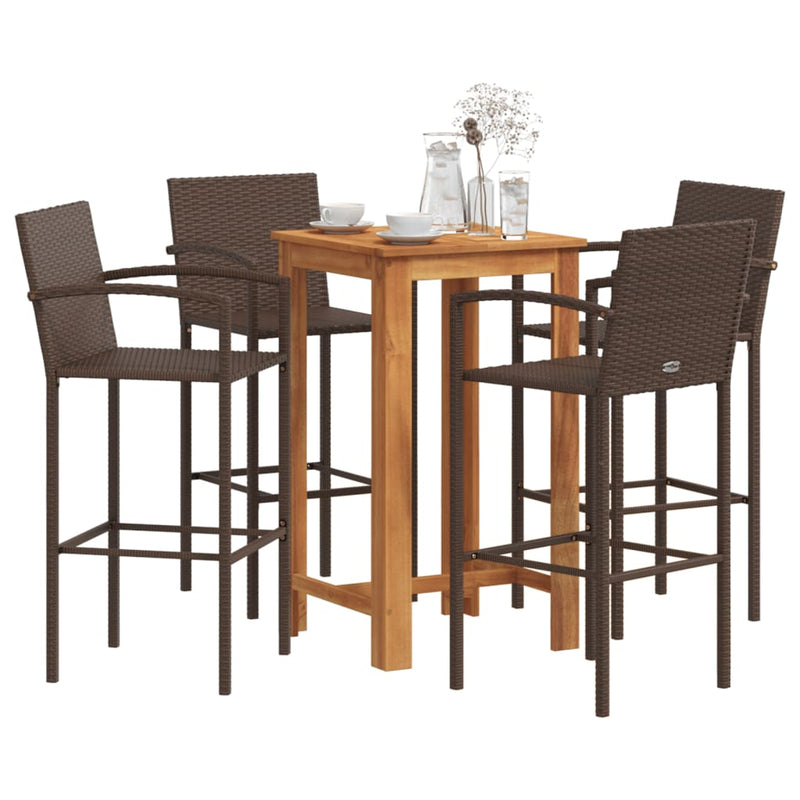 5 Piece Patio Bar Set Brown Solid Wood Acacia and Poly Rattan