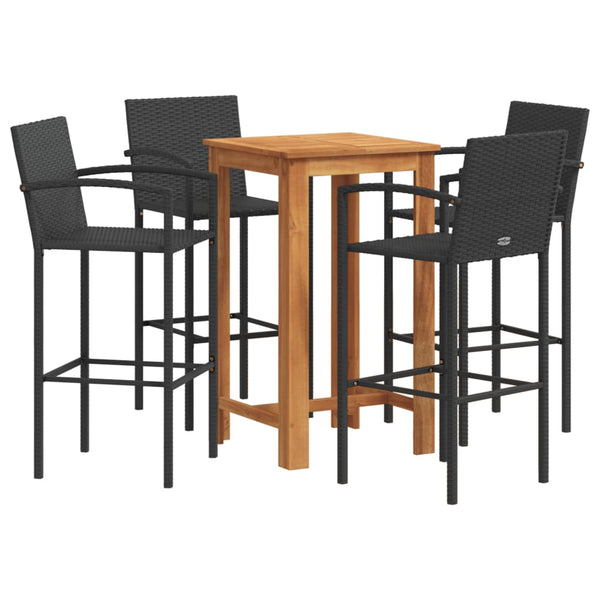 5 Piece Patio Bar Set Black Solid Wood Acacia and Poly Rattan