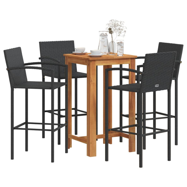 5 Piece Patio Bar Set Black Solid Wood Acacia and Poly Rattan