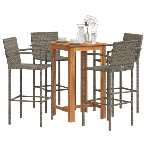 5 Piece Patio Bar Set Gray Solid Wood Acacia and Poly Rattan