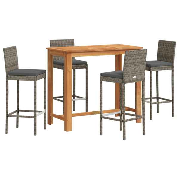 5 Piece Patio Bar Set Gray Solid Wood Acacia and Poly Rattan