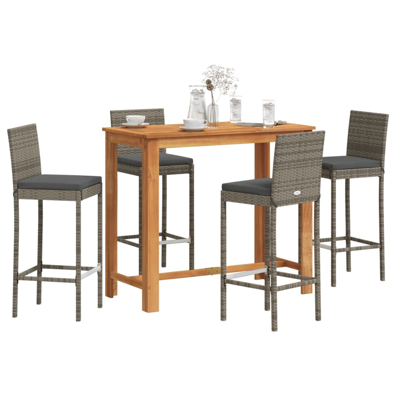 5 Piece Patio Bar Set Gray Solid Wood Acacia and Poly Rattan