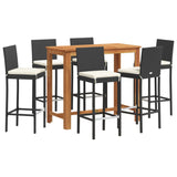 7 Piece Patio Bar Set Black Solid Wood Acacia and Poly Rattan