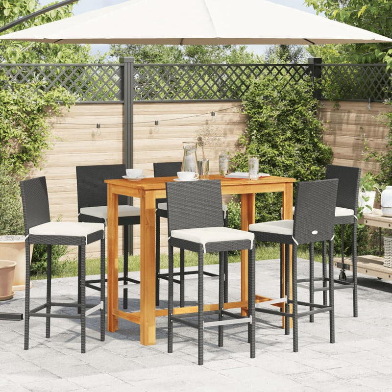 7 Piece Patio Bar Set Black Solid Wood Acacia and Poly Rattan