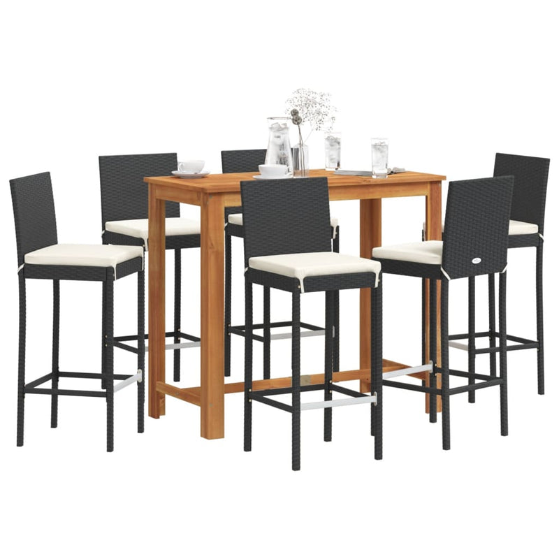 7 Piece Patio Bar Set Black Solid Wood Acacia and Poly Rattan