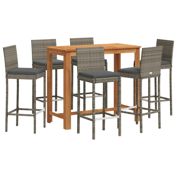 7 Piece Patio Bar Set Gray Solid Wood Acacia and Poly Rattan