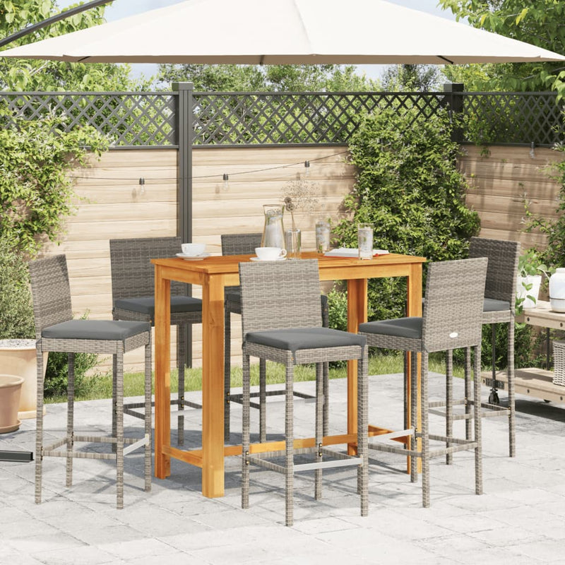 7 Piece Patio Bar Set Gray Solid Wood Acacia and Poly Rattan