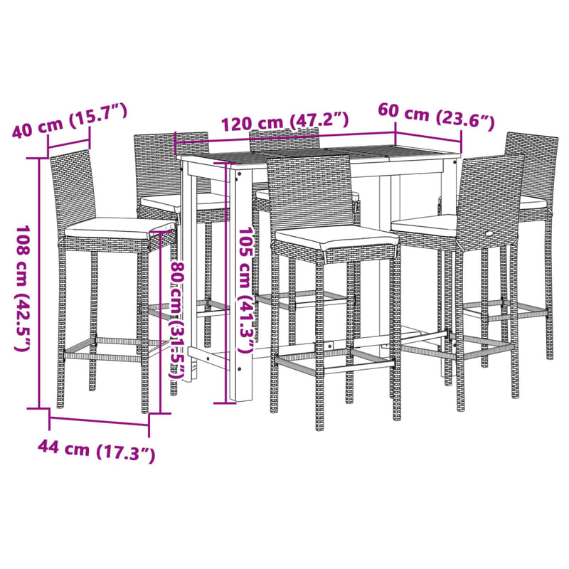 7 Piece Patio Bar Set Gray Solid Wood Acacia and Poly Rattan