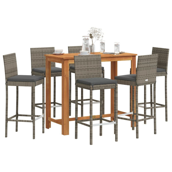 7 Piece Patio Bar Set Gray Solid Wood Acacia and Poly Rattan