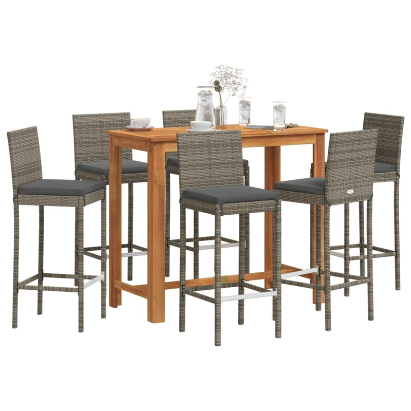 7 Piece Patio Bar Set Gray Solid Wood Acacia and Poly Rattan