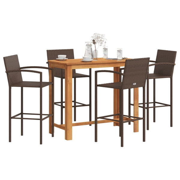 5 Piece Patio Bar Set Brown Solid Wood Acacia and Poly Rattan