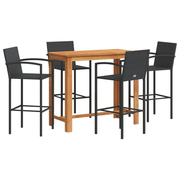 5 Piece Patio Bar Set Black Solid Wood Acacia and Poly Rattan