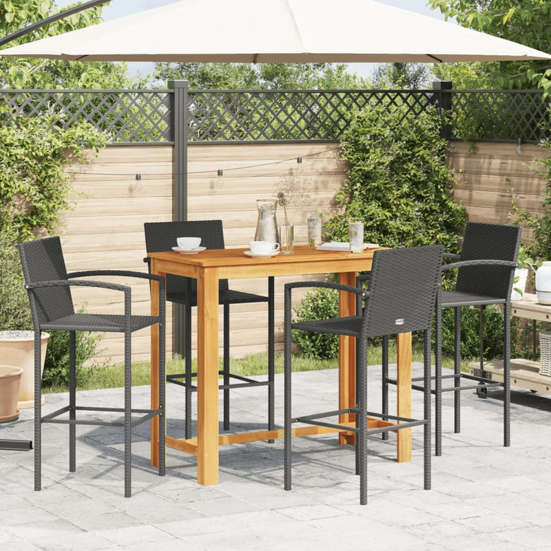 5 Piece Patio Bar Set Black Solid Wood Acacia and Poly Rattan