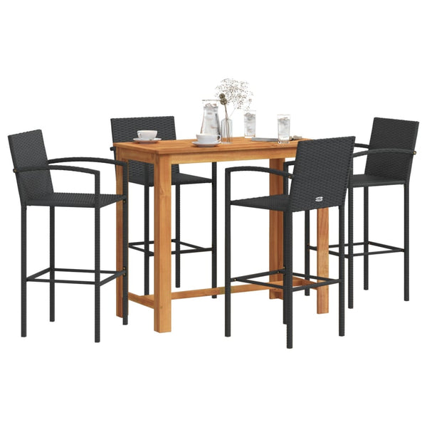 5 Piece Patio Bar Set Black Solid Wood Acacia and Poly Rattan