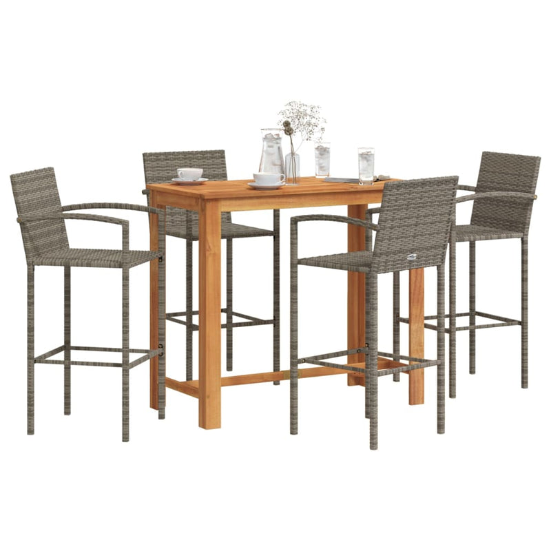 5 Piece Patio Bar Set Gray Solid Wood Acacia and Poly Rattan