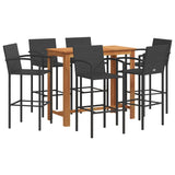 7 Piece Patio Bar Set Black Solid Wood Acacia and Poly Rattan