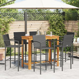 7 Piece Patio Bar Set Black Solid Wood Acacia and Poly Rattan