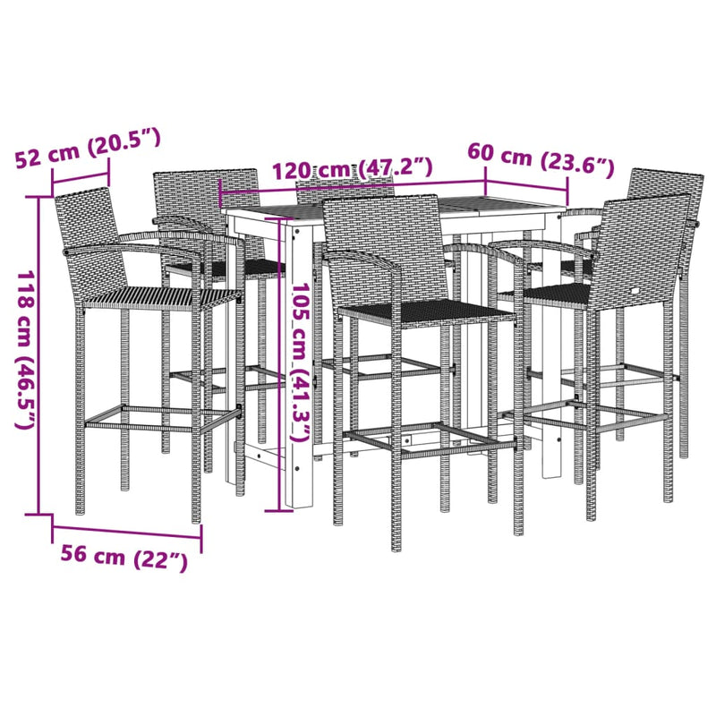 7 Piece Patio Bar Set Black Solid Wood Acacia and Poly Rattan