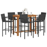 7 Piece Patio Bar Set Black Solid Wood Acacia and Poly Rattan