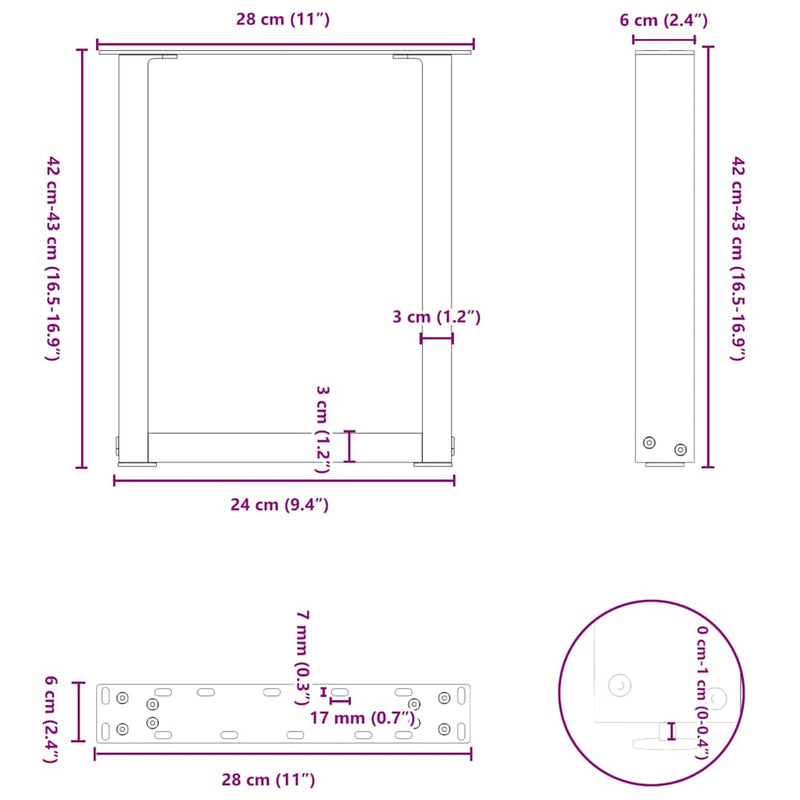 Coffee Table Legs U-Shaped 2 pcs Black 11"x(16.5"-16.9") Steel