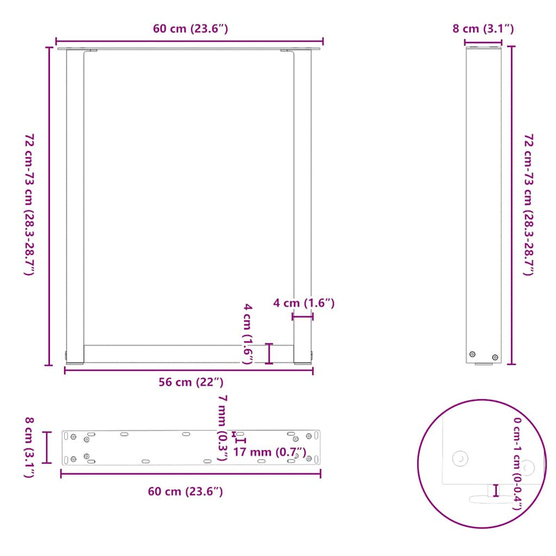 Coffee Table Legs U-Shaped 2 pcs Black 23.6"x(28.3"-28.7") Steel