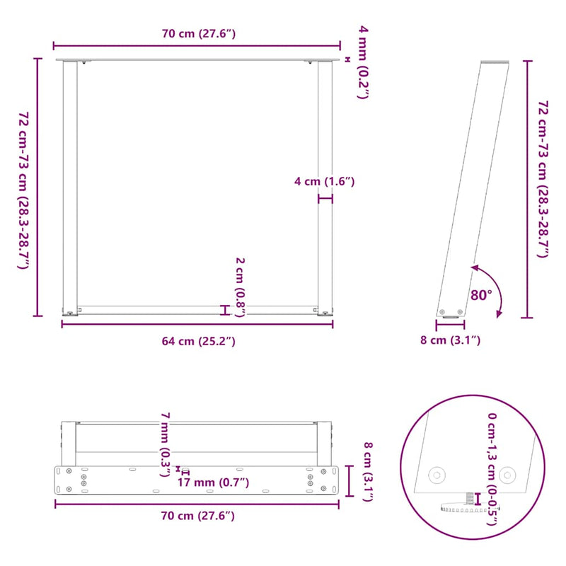 vidXL Dining Table Legs U-Shaped 2 pcs Black 27.6"x(28.3"-28.7") Steel