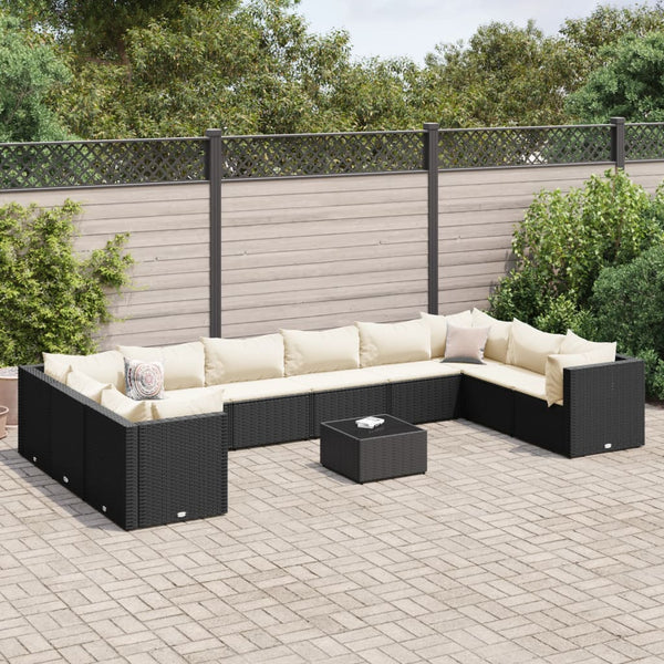 11 Piece Patio Lounge Set with Cushions Black Poly Rattan