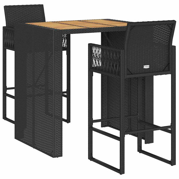 3 Piece Patio Bar Set without Cushions Black Poly Rattan Acacia