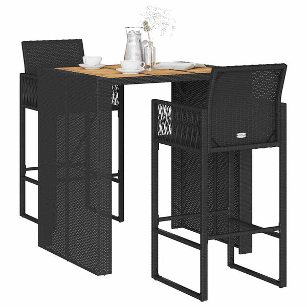 3 Piece Patio Bar Set without Cushions Black Poly Rattan Acacia