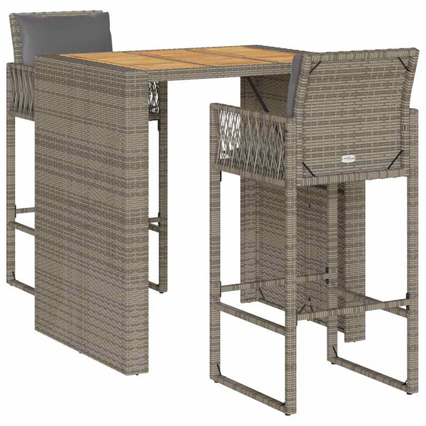 3 Piece Patio Bar Set with Cushions Gray Poly Rattan Acacia