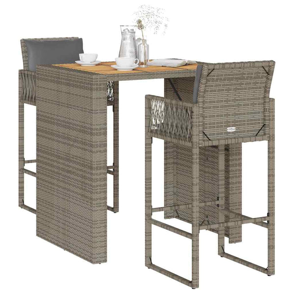 3 Piece Patio Bar Set with Cushions Gray Poly Rattan Acacia