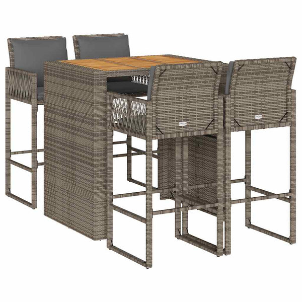 5 Piece Patio Bar Set with Cushions Gray Poly Rattan Acacia