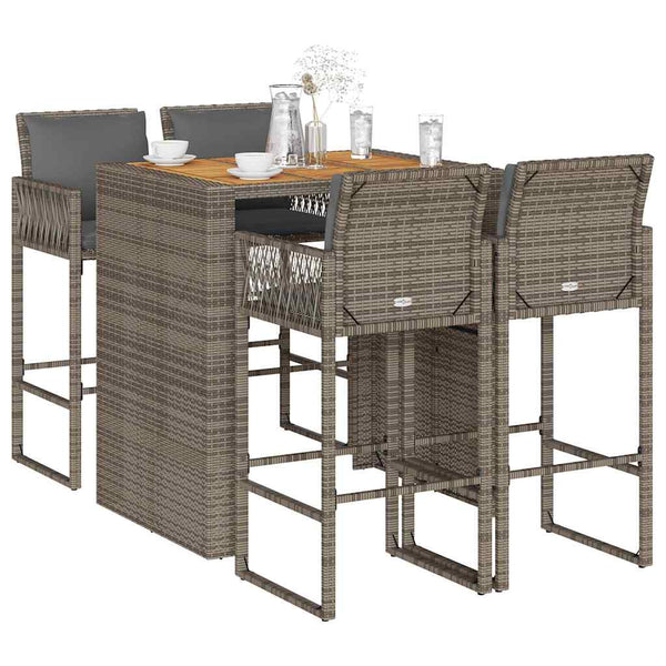 5 Piece Patio Bar Set with Cushions Gray Poly Rattan Acacia