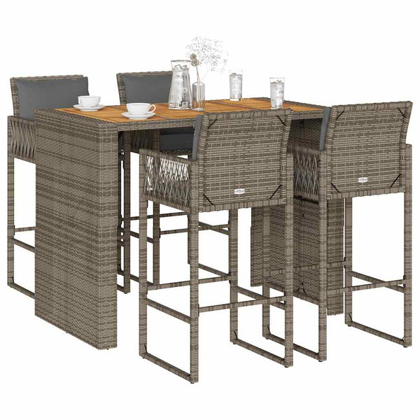 5 Piece Patio Bar Set with Cushions Gray Poly Rattan Acacia